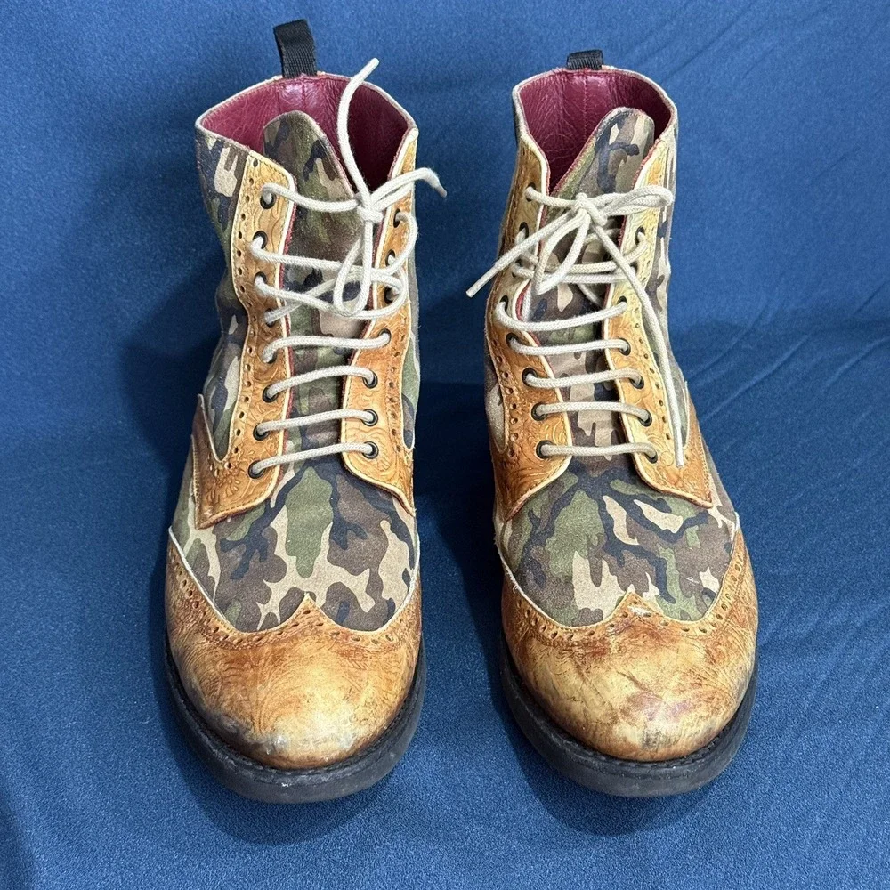 TAFT Mens Size 9 Camo Leather Wingtip Brogue Boots Handcrafted Spain Combat Boot